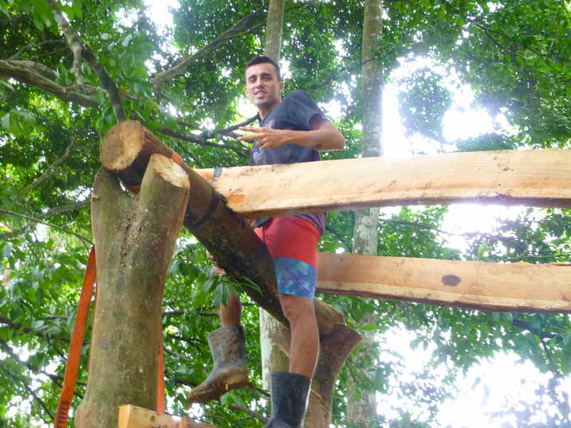Pablo auf dem Giebel beim Baumhausbau
